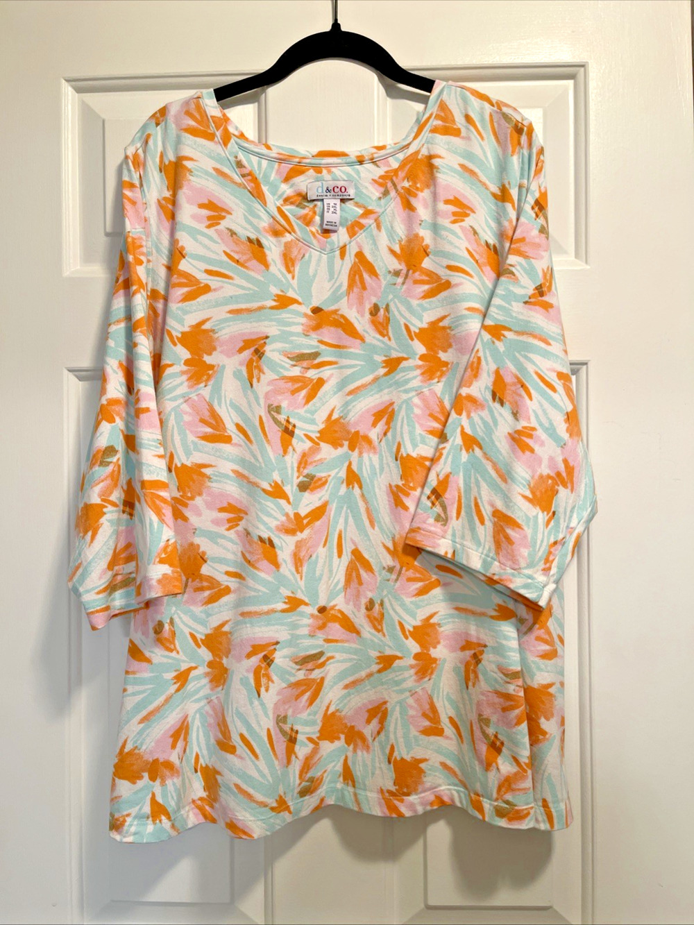 Denim & Co Top Womens 1X V-Neck Shirt 3/4 Sleeve Orange Blue Artsy Fall Festival